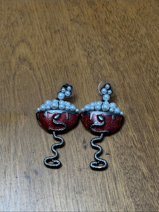 Jewelry - Red Glitter Cocktail Drop Earrings with Pearl Cluster